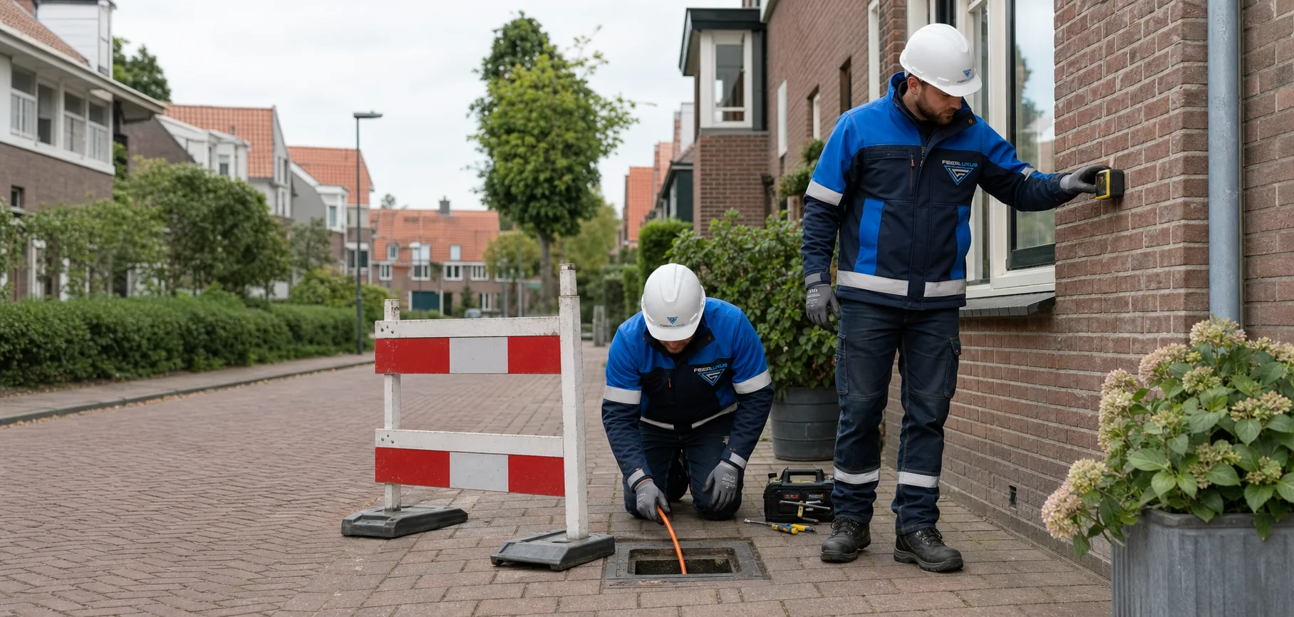 FiberLuxus glasvezelploeg werkt aan een FTTH-tracé in een Nederlandse woonwijk