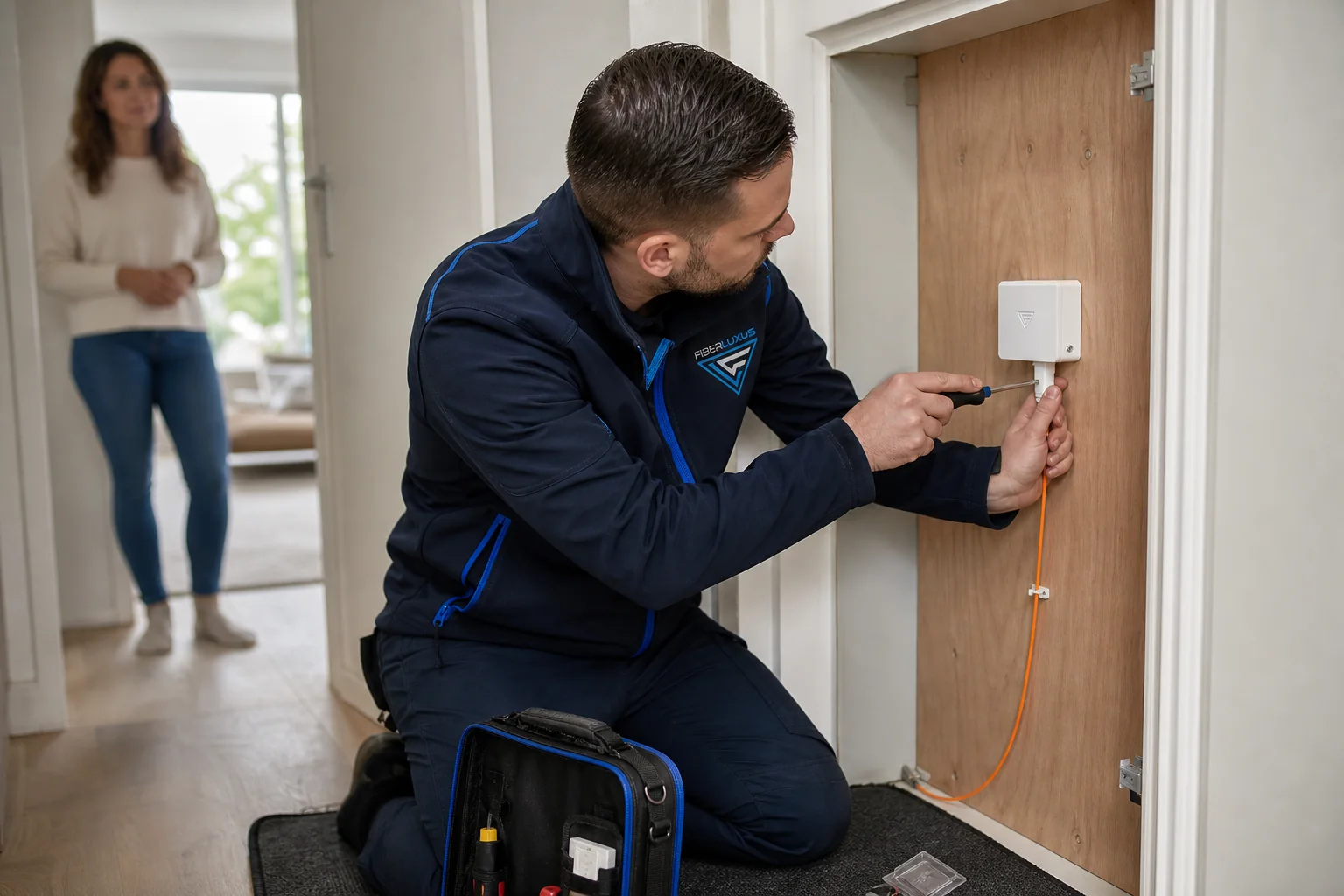 FiberLuxus monteur plaatst een glasvezelaansluitpunt in een woning