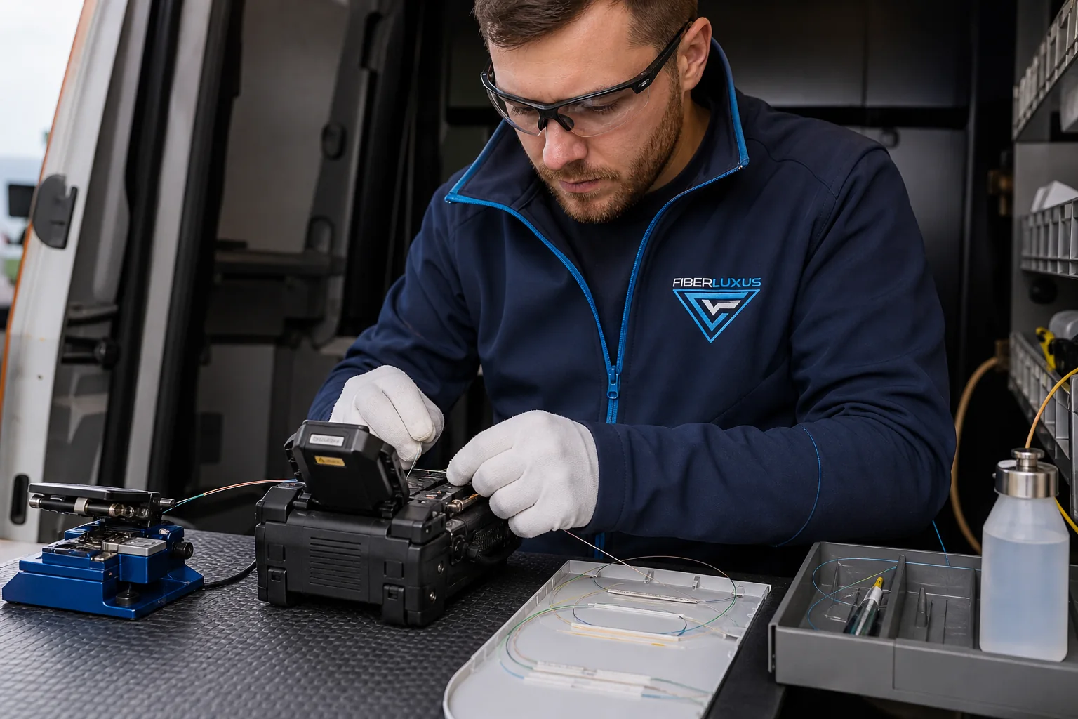 FiberLuxus monteur last en meet glasvezel in een ingerichte werkbus